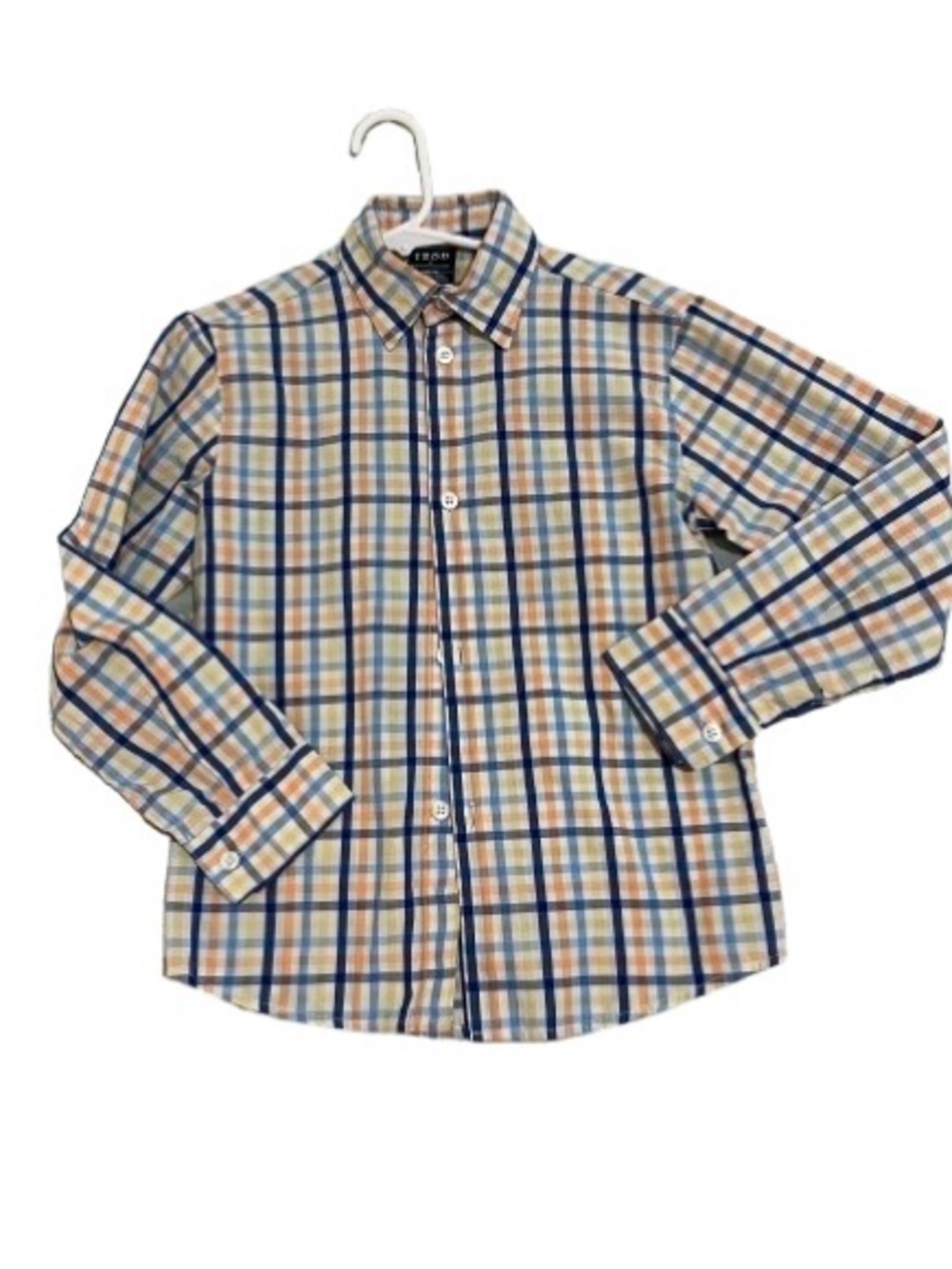 Izod Boys' Plaid Button-Down Shirt Sz 7 Blue Green Yellow Orange Cotton Blend